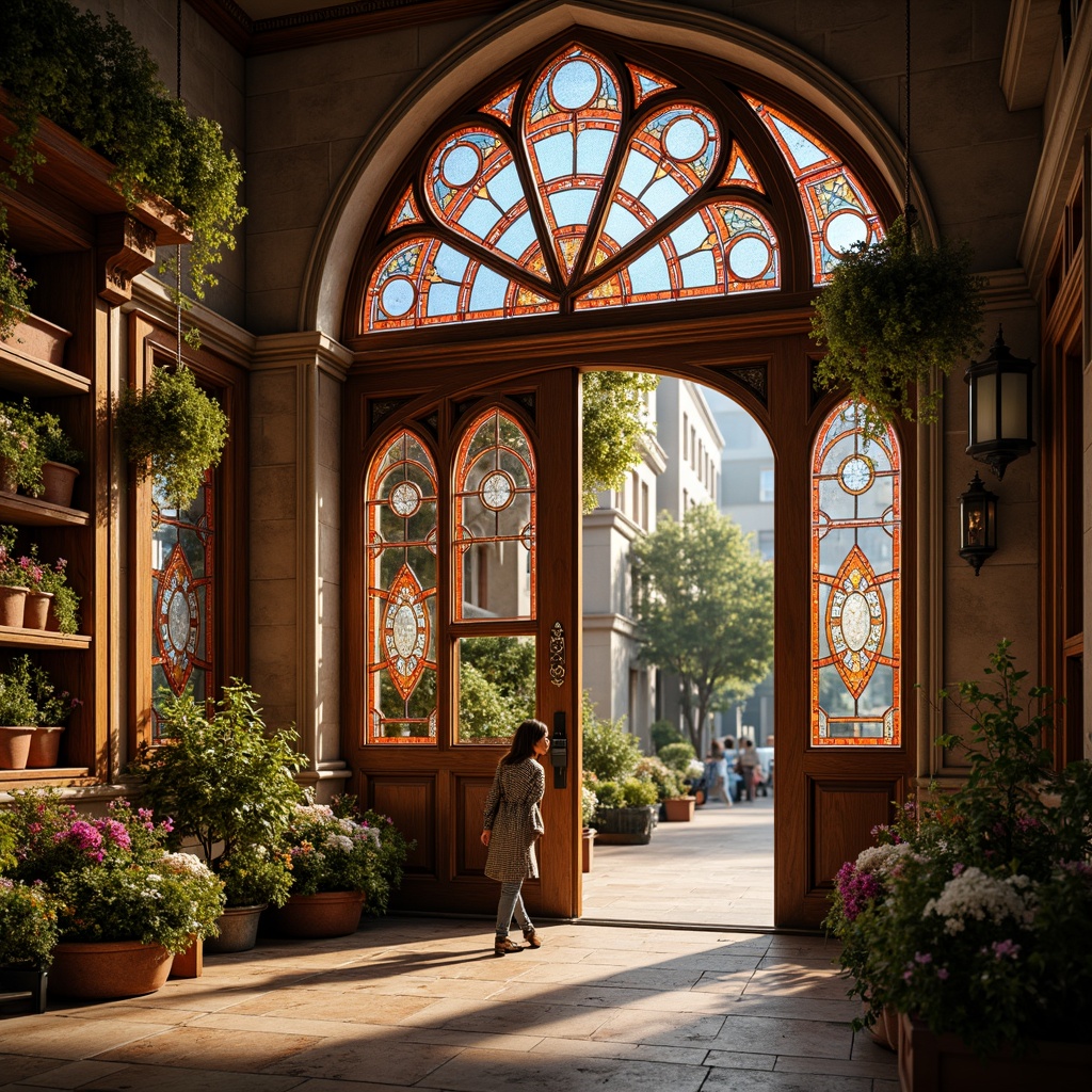 Prompt: Ornate Gothic windows, stained glass details, arched fa\u00e7ade, rustic stone walls, market stalls, vibrant flower arrangements, Renaissance-inspired carvings, intricate wooden doors, grand entranceways, ornamental ironwork, warm golden lighting, soft focus, shallow depth of field, 1/1 composition, symmetrical view, realistic textures, ambient occlusion.