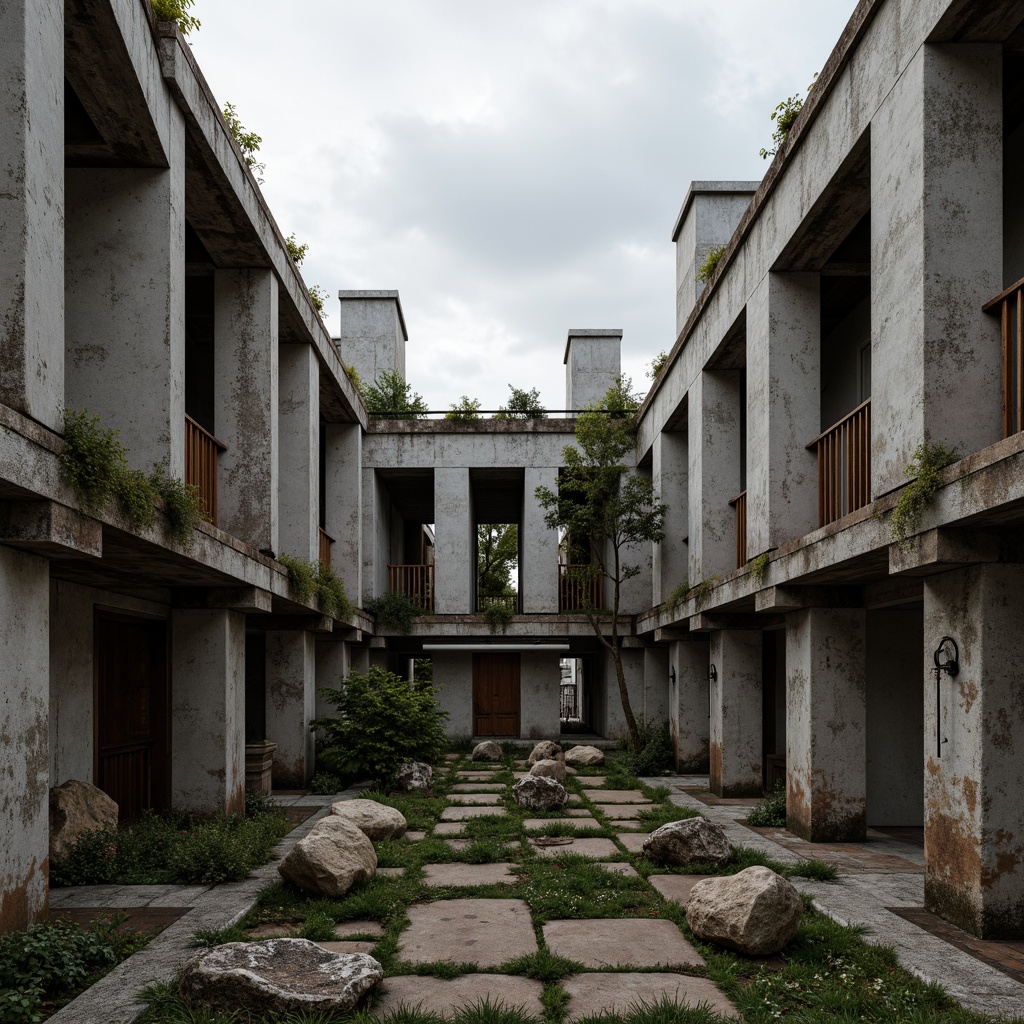 Prompt: Exposed concrete walls, rugged textures, industrial metal frames, weathered steel beams, raw brick facades, monochromatic color scheme, muted earth tones, moss-covered stones, overcast sky, dramatic shadows, brutalist sculptural forms, geometric abstraction, fragmented composition, high-contrast lighting, cinematic atmosphere, desaturated hues, worn wooden accents, distressed finishes, urban decay, post-apocalyptic landscape.