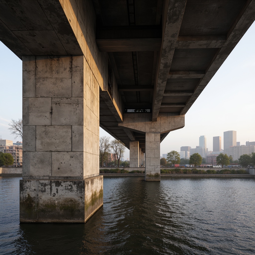 Prompt: Rugged brutalist bridge, exposed concrete structure, angular lines, raw textures, industrial aesthetic, urban landscape, city skyline, misty morning atmosphere, soft warm lighting, shallow depth of field, 3/4 composition, symmetrical framing, bold geometric shapes, functional simplicity, utilitarian design, weathered steel railings, rough-hewn stone piers, poured concrete abutments, cantilevered walkways, suspended pedestrian paths.