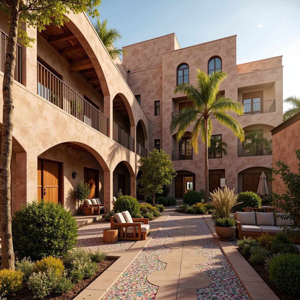 Prompt: Earth-toned hotel facade, regionalism architecture, rustic stone walls, wooden accents, curved lines, ornate balconies, vibrant colorful tiles, intricate mosaics, lush greenery, palm trees, warm sunny day, soft golden lighting, shallow depth of field, 1/1 composition, realistic textures, ambient occlusion, grand entrance, decorative arches, ornate columns, cozy outdoor seating, regional patterned textiles, local cultural motifs.