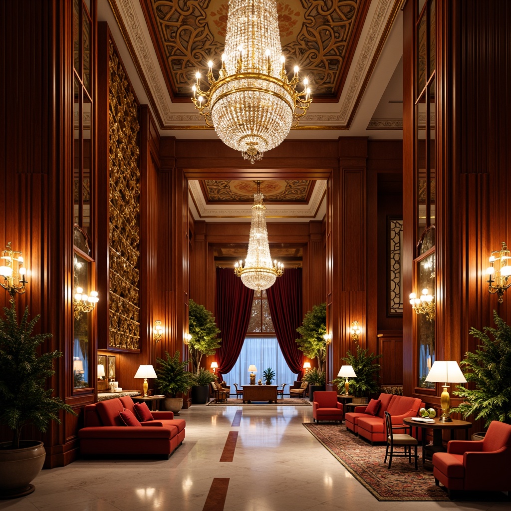 Prompt: Luxurious hotel lobby, ornate chandeliers, rich velvet fabrics, intricately carved wooden paneling, gilded mirrors, ornamental plasterwork, lavish furnishings, marble flooring, crystal lighting fixtures, dramatic drapery, opulent color schemes, soft warm illumination, shallow depth of field, 1/1 composition, realistic textures, ambient occlusion.