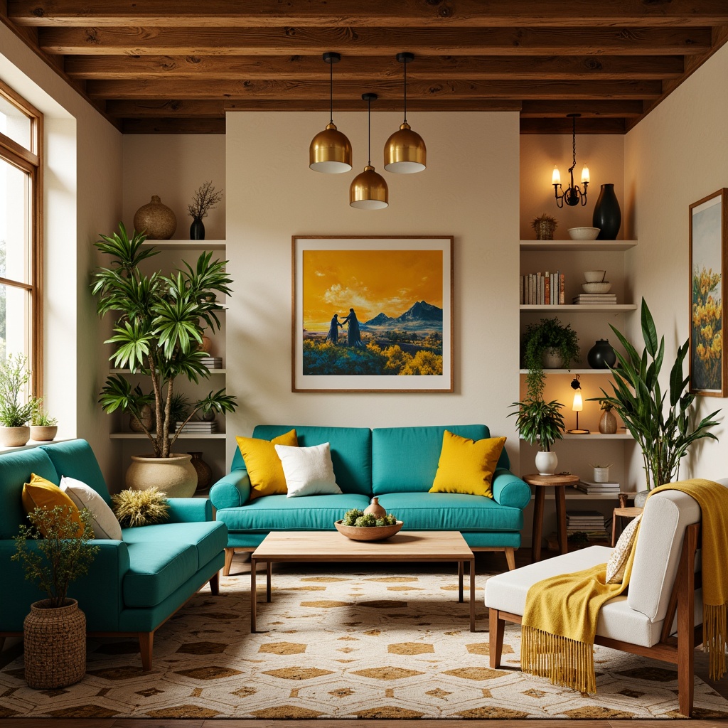 Prompt: Vibrant artistic studio, natural wood accents, earthy color tones, warm beige walls, rich turquoise furniture, bold yellow decorations, creamy white textiles, metallic gold details, geometric patterned rugs, abundant greenery, soft overhead lighting, shallow depth of field, 2/3 composition, realistic textures, ambient occlusion.