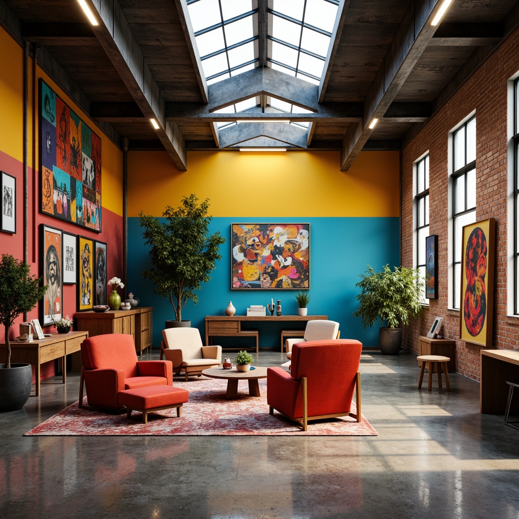 Prompt: Vibrant art studio, eclectic furniture, bold color blocking, contrasting textures, abstract artwork, modern industrial architecture, exposed brick walls, polished concrete floors, natural light pouring in, overhead skylight, 3/4 composition, warm ambient lighting, realistic reflections, intricate shadow details.