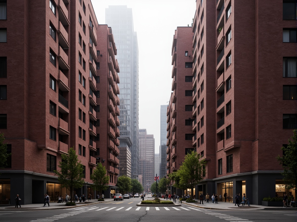 Prompt: Monumental brutalist buildings, rugged maroon concrete, industrial textures, bold geometric forms, raw unfinished edges, dramatic shadows, high-contrast lighting, urban cityscape, modern metropolis, busy streets, pedestrian traffic, abstract sculptures, minimalist landscaping, weathered steel accents, distressed wood elements, atmospheric fog, low-angle photography, cinematic composition, muted color grading.