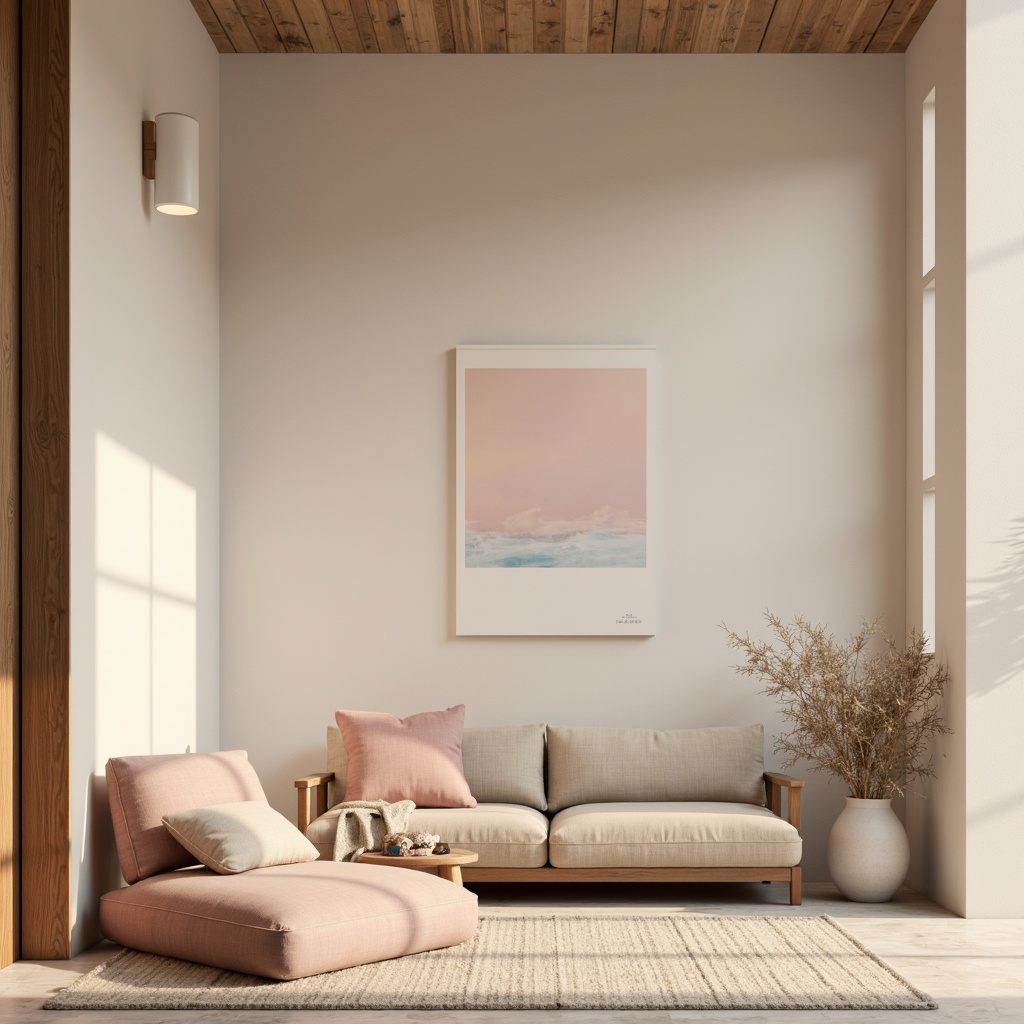 Prompt: Soft pastel hues, calming color scheme, serene ambiance, natural materials, wooden accents, earthy tones, gentle curves, minimalist decor, soft cushions, ambient lighting, warm textures, cozy atmosphere, peaceful environment, subtle patterns, soothing colors, elegant typography, refined lines, modern simplicity, 1/1 composition, shallow depth of field, soft focus, realistic rendering.