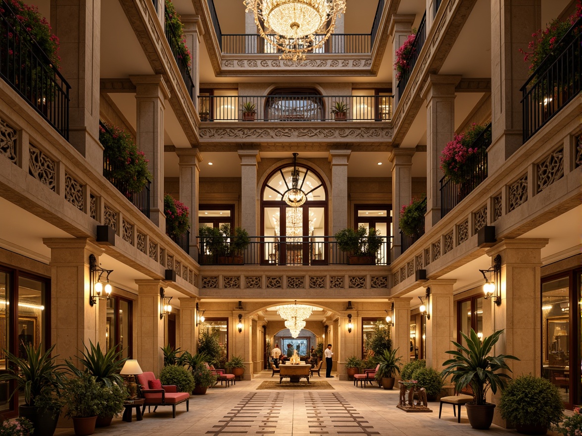 Prompt: Grand hotel entrance, ornate stone carvings, classical columns, symmetrical facade, rusticated base, ornamental balconies, wrought iron railings, stained glass windows, arched doorways, intricate moldings, luxurious lobby, crystal chandeliers, marble floors, Renaissance-inspired patterns, warm golden lighting, soft focus, shallow depth of field, 2/3 composition, detailed textures, ambient occlusion.