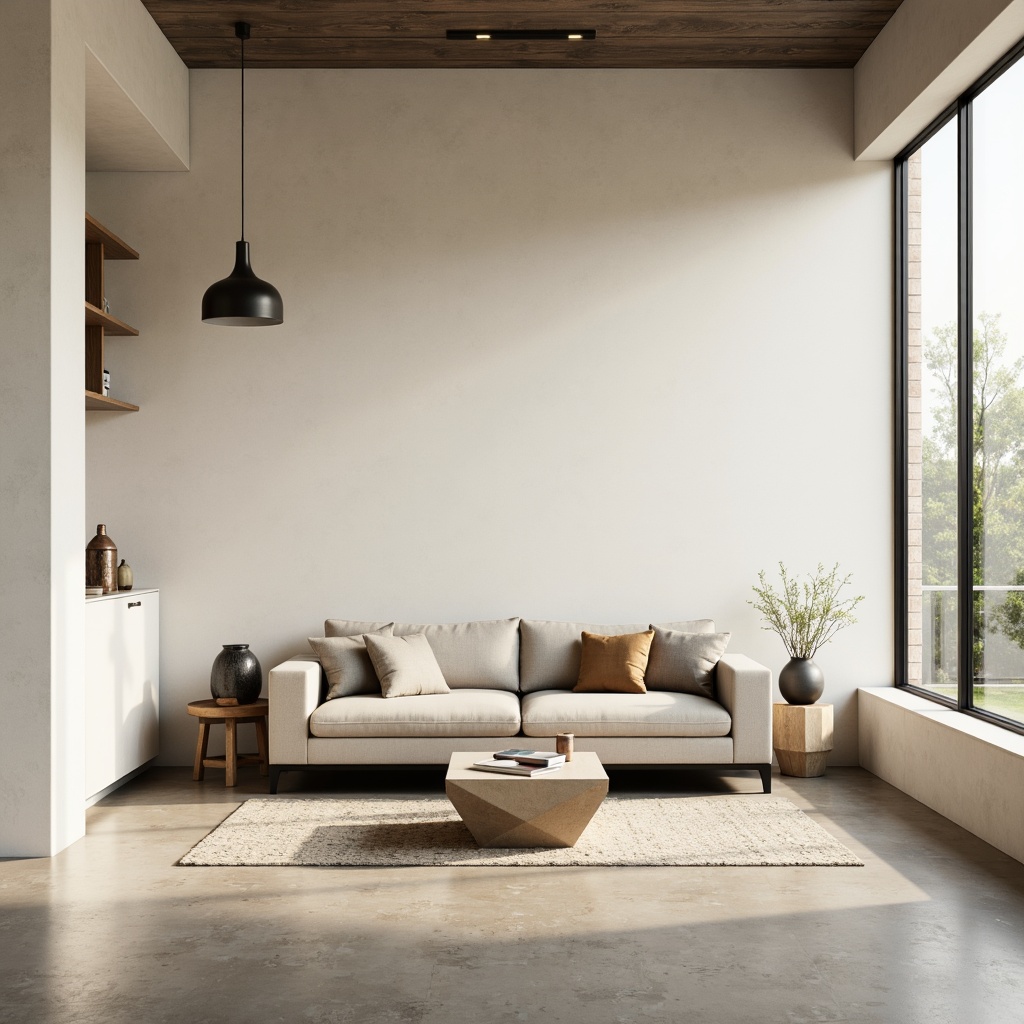 Prompt: Minimalist living room, sparse furniture, neutral color palette, cream walls, polished concrete floor, sleek low-profile sofa, geometric coffee table, industrial metal lighting, floor-to-ceiling windows, abundant natural light, subtle texture variations, soft warm ambiance, 1/1 composition, realistic rendering, ambient occlusion.