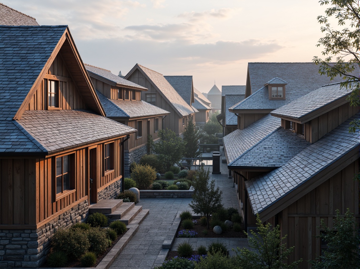 Prompt: Traditional European-style gabled roofs, pitched rooflines, rustic wooden beams, clay tile roofing, earthy brown colors, natural stone walls, cozy attic spaces, dormer windows, snow-covered rooftops, misty morning light, soft warm glow, 3/4 composition, diagonal lines, realistic textures, ambient occlusion.