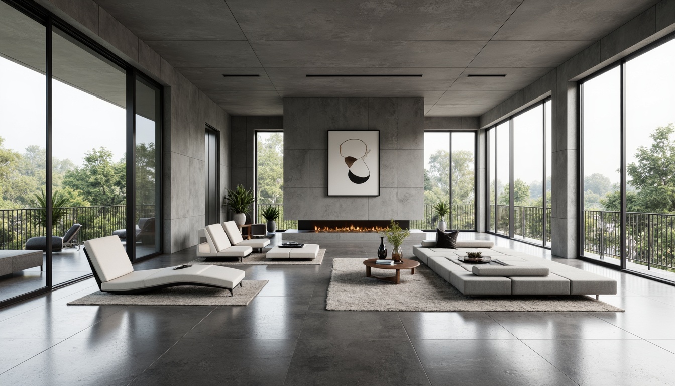 Prompt: Minimalist living room, low-profile furniture, monochromatic color scheme, polished concrete floors, industrial metal accents, geometric patterns, floor-to-ceiling windows, abundant natural light, sleek lines, open-plan layout, functional zoning, ergonomic seating, abstract artwork, hidden LED lighting, subtle texture contrasts, 1/1 composition, shallow depth of field, softbox lighting.