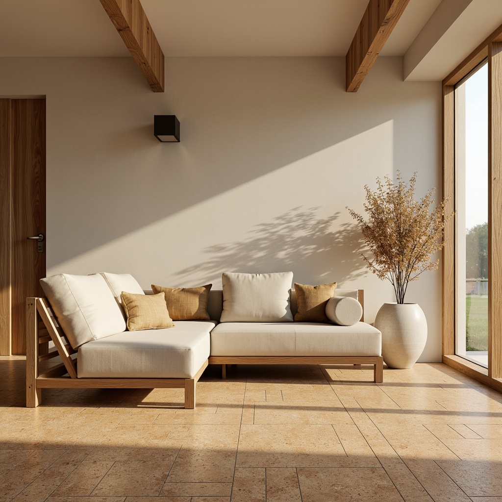 Prompt: Minimalist interior, natural cork flooring, warm beige tones, organic textures, simple furniture forms, clean lines, monochromatic color scheme, subtle patterns, earthy ambiance, abundant natural light, soft shadows, 1/1 composition, shallow depth of field, realistic rendering, ambient occlusion.