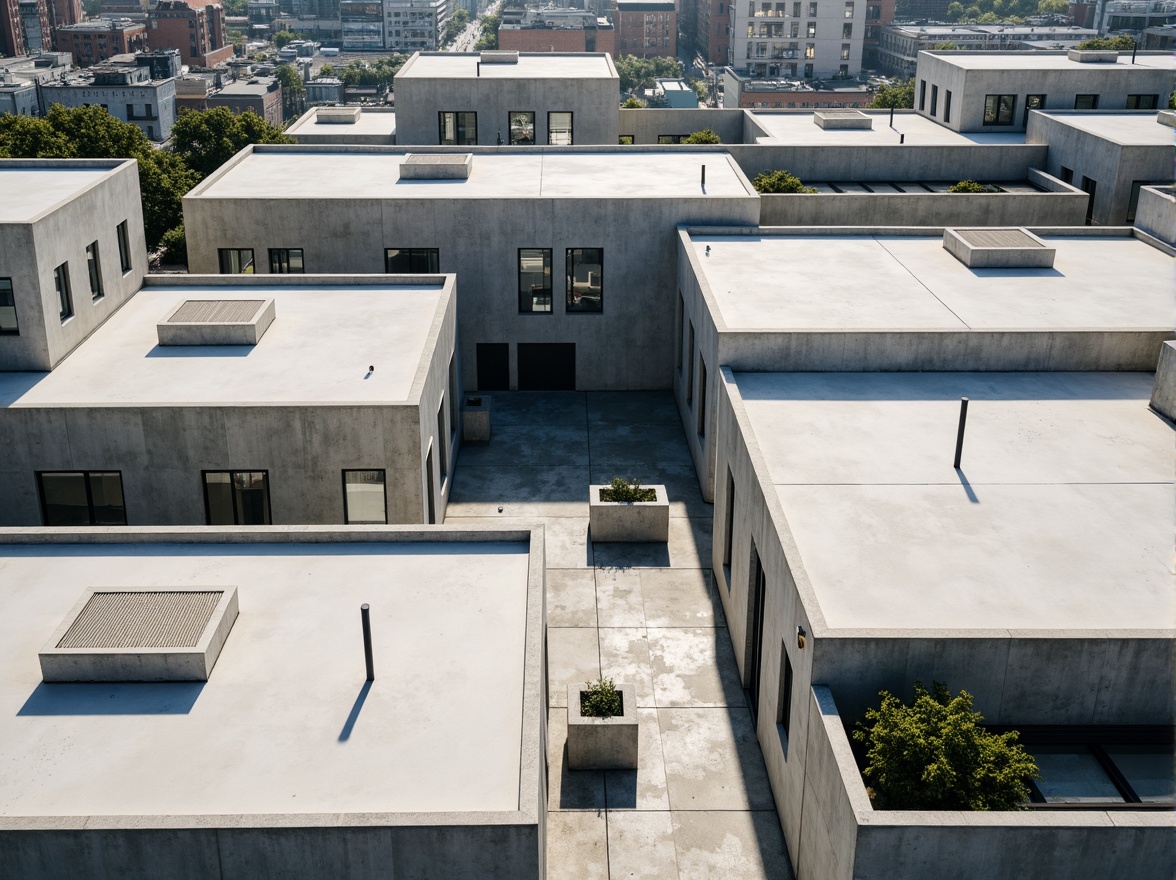 Prompt: Flat rooftops, minimalist architecture, industrial materials, exposed ductwork, functional simplicity, rectangular forms, clean lines, neutral color palette, abundance of natural light, clerestory windows, steel beams, concrete floors, raw textures, urban cityscape, modernist aesthetic, brutalist influences, geometric patterns, abstract compositions, high-contrast lighting, dramatic shadows, 1/1 composition, symmetrical framing, bold typography, graphic elements.