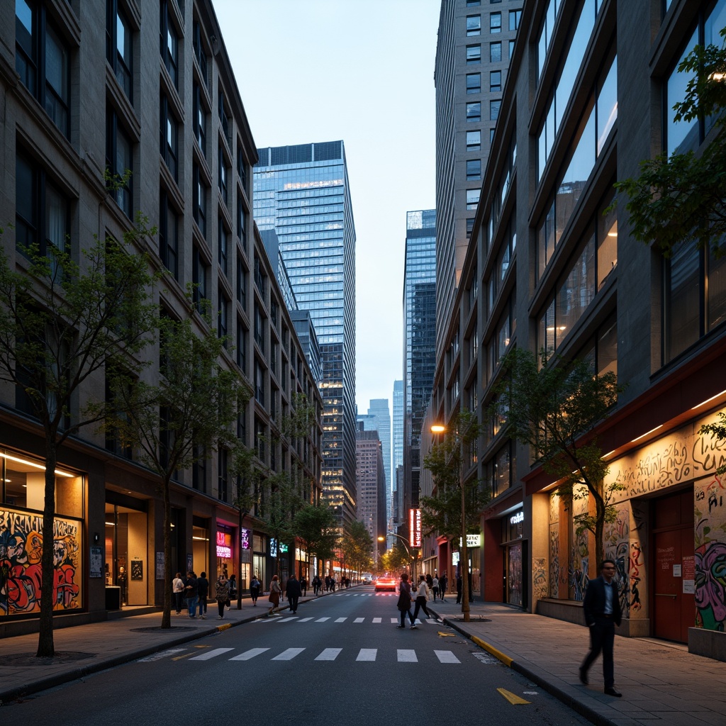 Prompt: Urban skyscrapers, metallic facades, neon lights, cityscape reflections, concrete textures, industrial pipes, modern architectural lines, vibrant street art, eclectic graffiti, urban jungle atmosphere, misty morning light, warm golden hour, cinematic shallow depth of field, 2/3 composition, dramatic shadows, realistic ambient occlusion.