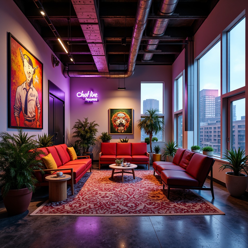 Prompt: Vibrant art studio, bold color accents, eclectic furniture, modern abstract artwork, neon signage, industrial metal beams, polished concrete floors, geometric patterned rugs, urban cityscape views, dramatic overhead lighting, high contrast ratios, cinematic camera angles, shallow depth of field, 2/3 composition, vivid textures, ambient occlusion.