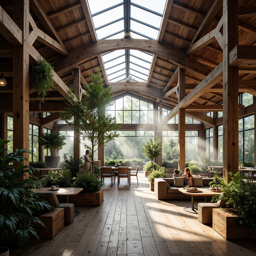 Prompt: Cozy coffee shop interior, unique roof structure, exposed wooden beams, natural light pouring in, industrial chic aesthetic, reclaimed wood accents, metal framework, glass skylights, greenery hanging from ceiling, modern minimalistic decor, comfortable seating areas, warm lighting ambiance, 1/1 composition, soft focus blur, realistic textures, atmospheric mist.