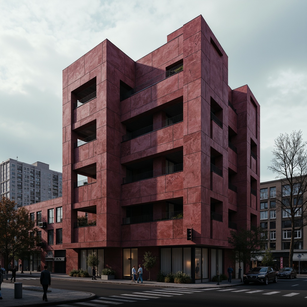 Prompt: Rugged brutalist building, maroon concrete walls, raw textures, industrial materials, fortress-like structure, imposing facade, geometric shapes, abstract patterns, moody lighting, dramatic shadows, urban landscape, cityscape backdrop, overcast sky, diffused natural light, high contrast, bold composition, cinematic mood, realistic rendering, ambient occlusion.