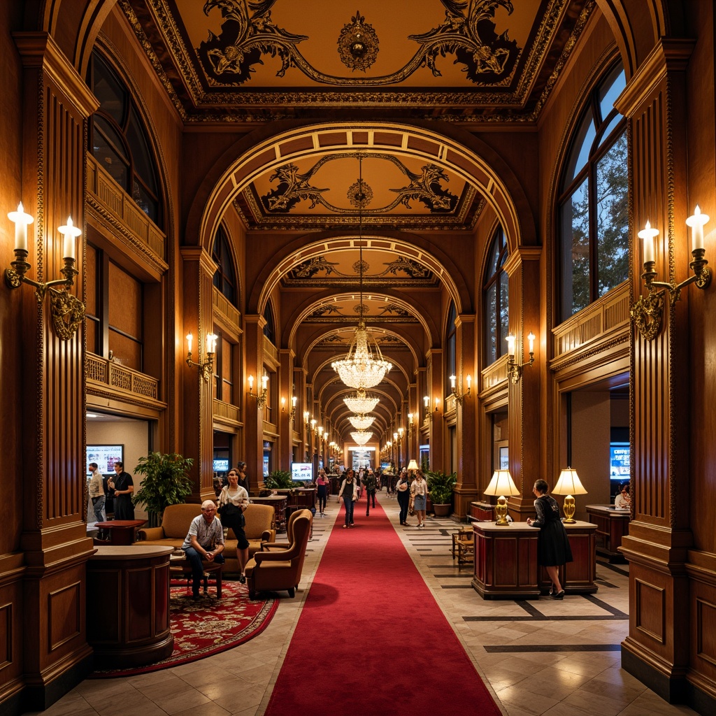 Prompt: Grand casino facade, ornate Victorian details, lavish decorations, intricate moldings, gilded accents, majestic columns, sweeping archways, regal entrance, red carpet, polished marble floors, crystal chandeliers, luxurious drapery, opulent furnishings, rich wood paneling, subtle ambient lighting, warm golden tones, shallow depth of field, 2/3 composition, dramatic perspective, high-contrast rendering, realistic reflections.