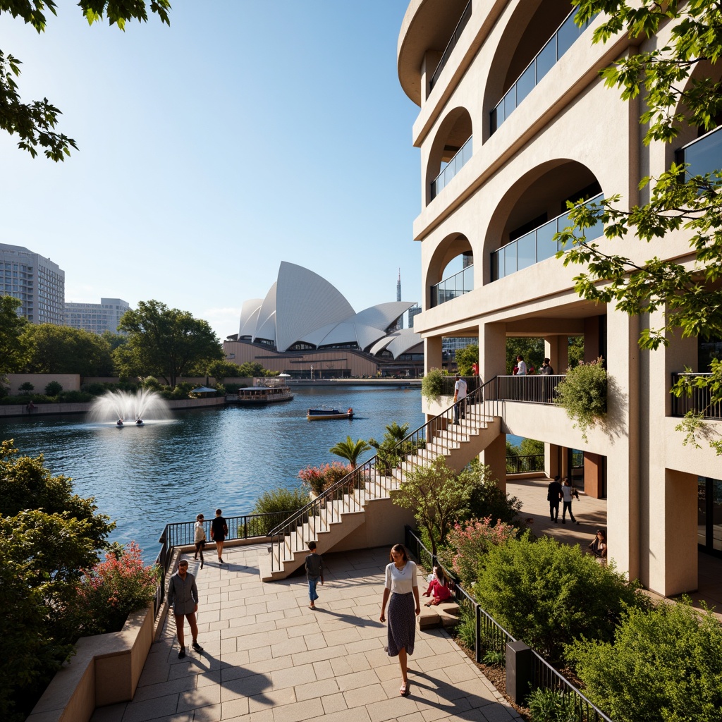 Prompt: Vibrant Sydney Harbour, iconic sail-like design, majestic waterfront, lush greenery, native Australian flora, scenic pedestrian walkways, ornate ironwork, grand staircases, majestic arches, cream-colored concrete, glass and steel architecture, reflective surfaces, water features, fountain shows, sunny day, soft warm lighting, shallow depth of field, 3/4 composition, panoramic view, realistic textures, ambient occlusion.