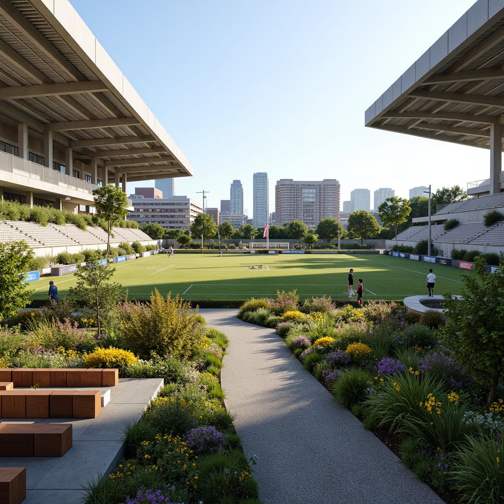 Prompt: \Integrated stadium landscape, lush green roofs, vibrant flower beds, natural stone walls, wooden benches, curved walkways, modern architecture, sleek metal fa\u00e7ades, large glass windows, cantilevered structures, elevated views, sunny day, soft warm lighting, shallow depth of field, 3/4 composition, panoramic view, realistic textures, ambient occlusion, grandstand seating, sports facilities, athletic tracks, soccer fields, tennis courts, Olympic-sized pools, urban cityscape, bustling streets, metropolitan skyline.\