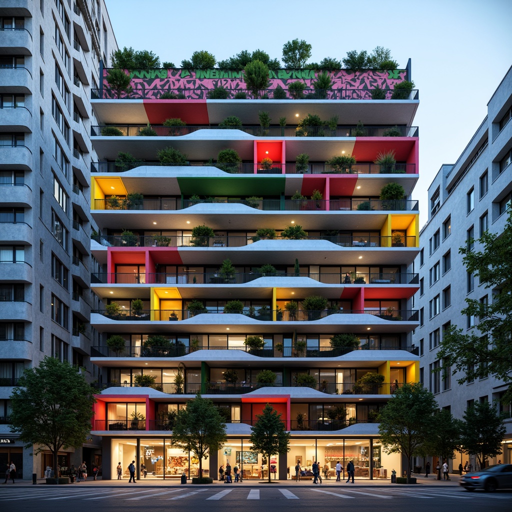 Prompt: Vibrant apartment facade, experimental architecture, bold color blocking, geometric patterned balconies, cantilevered volumes, asymmetrical compositions, futuristic LED lighting, sleek metal railings, green walls, living walls, urban context, busy street scene, modern cityscape, concrete structures, brutalist elements, industrial chic aesthetic, atmospheric perspective, shallow depth of field, 1/2 composition, dramatic chiaroscuro, realistic textures, ambient occlusion.