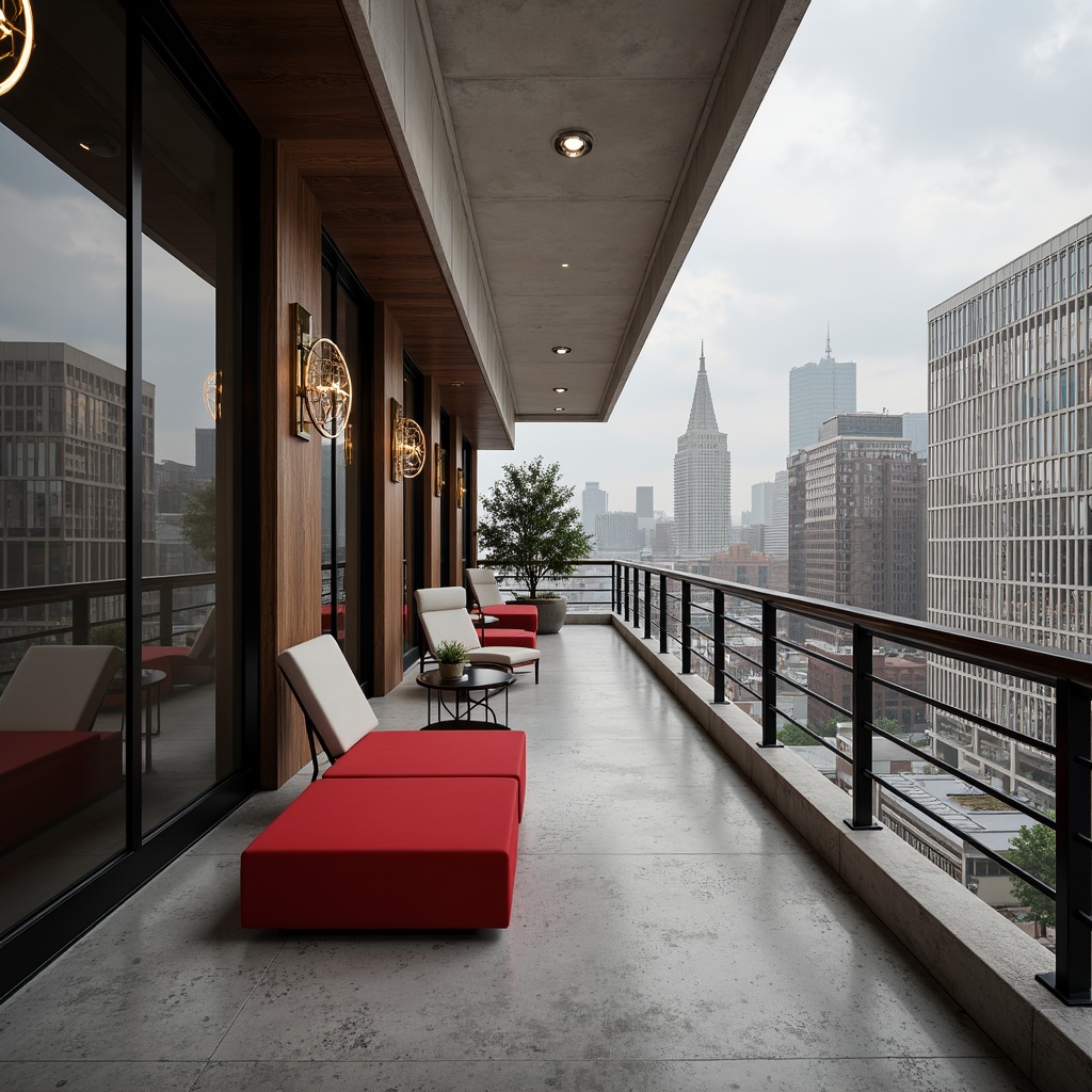 Prompt: Monochromatic color scheme, sleek metallic tones, polished chrome accents, matte black details, creamy white walls, rich walnut wood, bold red accents, industrial concrete floors, minimalist decorations, geometric patterns, Art Deco influences, urban cityscape, cloudy gray sky, diffused natural light, shallow depth of field, 2/3 composition, cinematic atmosphere, realistic reflections.