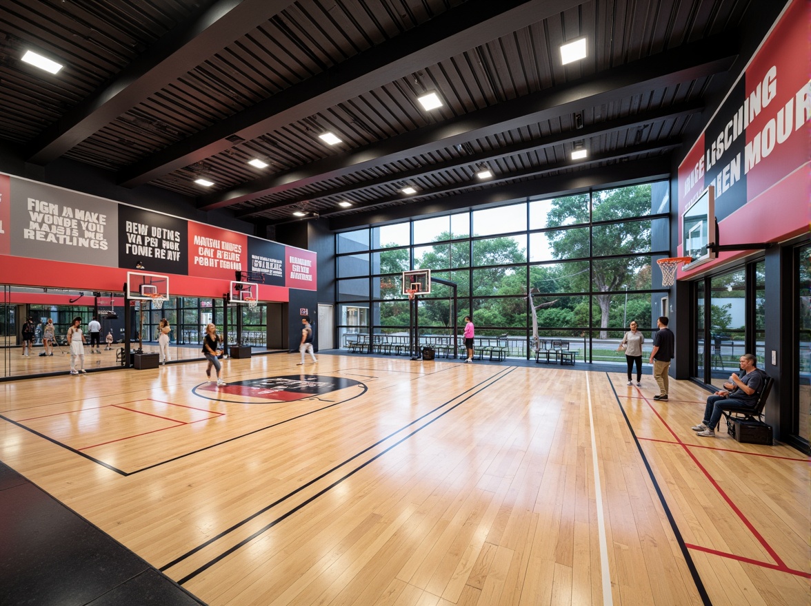 Prompt: Spacious gymnasium interior, flexible modular layout, multi-functional training areas, mirrored walls, polished wooden floors, retractable basketball hoops, movable sports equipment, adaptable lighting systems, color-changing LED lights, vibrant athletic colors, motivational quotes, modern minimalist decor, acoustic soundproofing, comfortable spectator seating, transparent glass partitions, natural ventilation systems, abundant natural light, softbox diffused lighting, 1/2 composition, shallow depth of field, realistic textures.