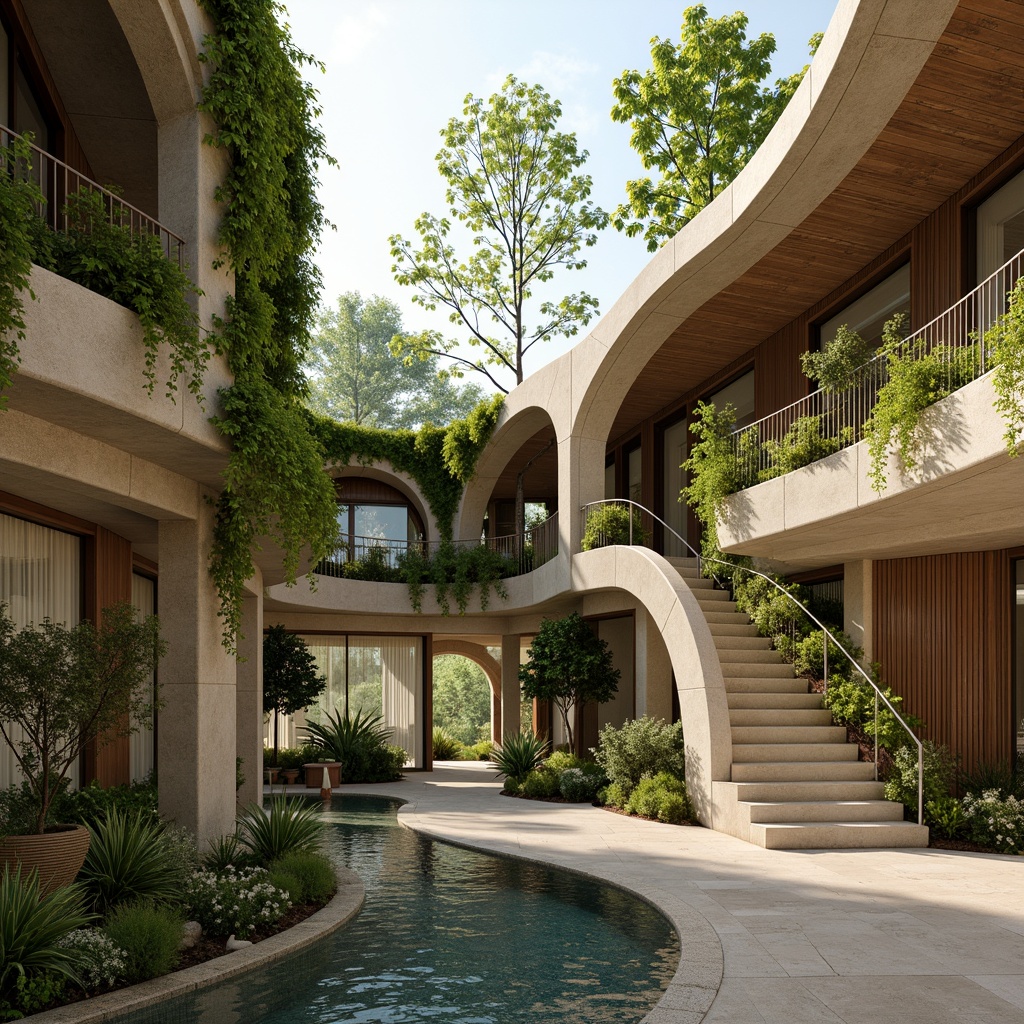 Prompt: Organic curves, botanical patterns, leaf-inspired facades, vine-covered walls, natural stone cladding, wooden accents, earthy color palette, moss roofs, greenery overhangs, cantilevered structures, free-flowing water features, serene ambiance, soft diffused lighting, warm beige tones, nature-embracing design, minimal ornamentation, seamless transitions, organic shapes, living walls, bio-inspired materials, futuristic sustainable architecture.