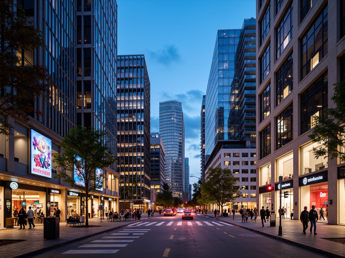 Prompt: Vibrant cityscape, bustling commercial district, sleek modern skyscrapers, gleaming glass towers, metallic cladding, LED signage, dynamic streetlights, urban canyons, pedestrian walkways, shopping centers, office buildings, restaurants, cafes, neon lights, evening atmosphere, shallow depth of field, 1/2 composition, wide-angle lens, realistic reflections, ambient occlusion.