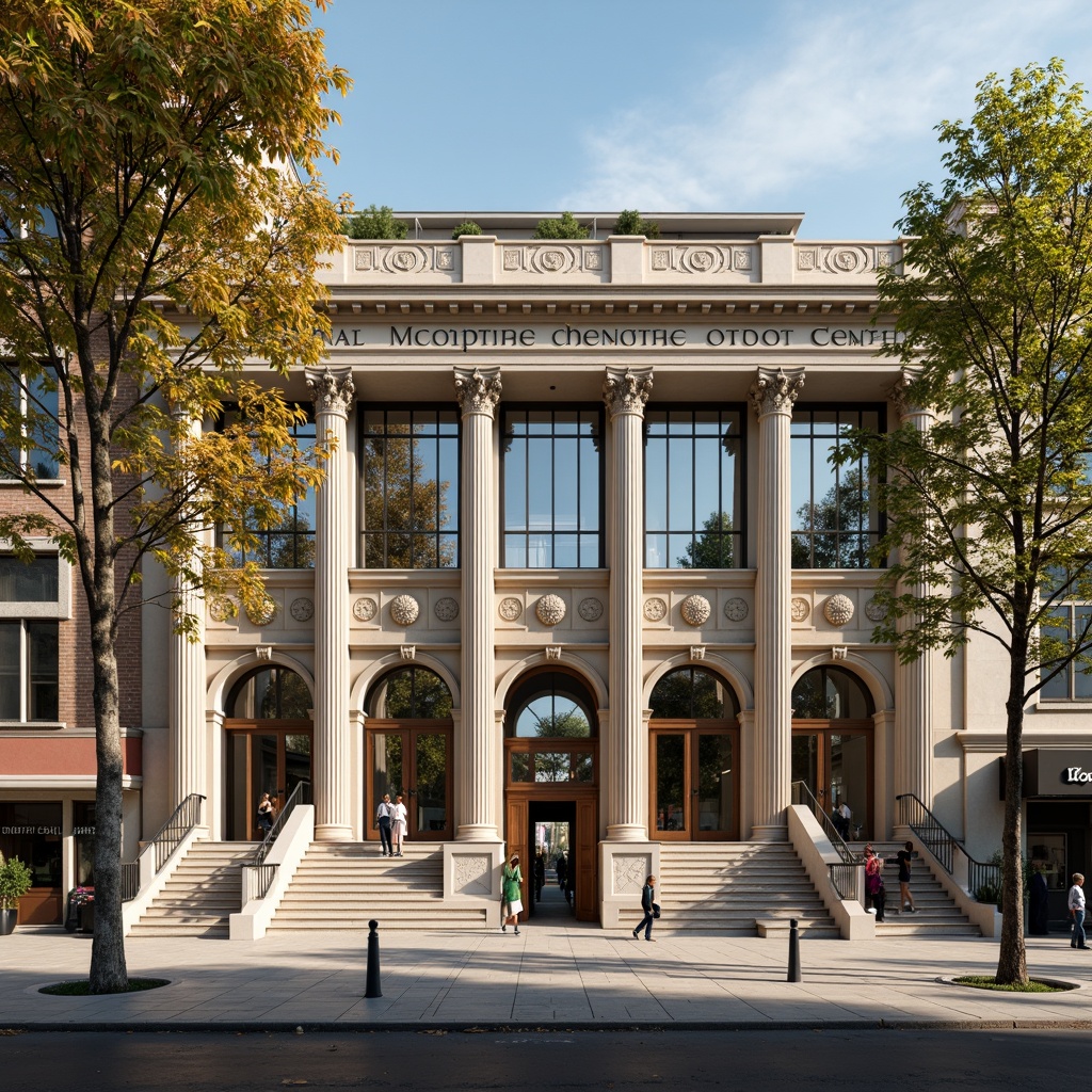 Prompt: Elegant youth center facade, neoclassical columns, ornate detailing, symmetrical architecture, grand entrance, marble flooring, high ceilings, large windows, French doors, intricate moldings, classical sculptures, vibrant frescoes, sunny day, soft warm lighting, shallow depth of field, 3/4 composition, panoramic view, realistic textures, ambient occlusion, urban cityscape, tree-lined streets, pedestrian walkways.