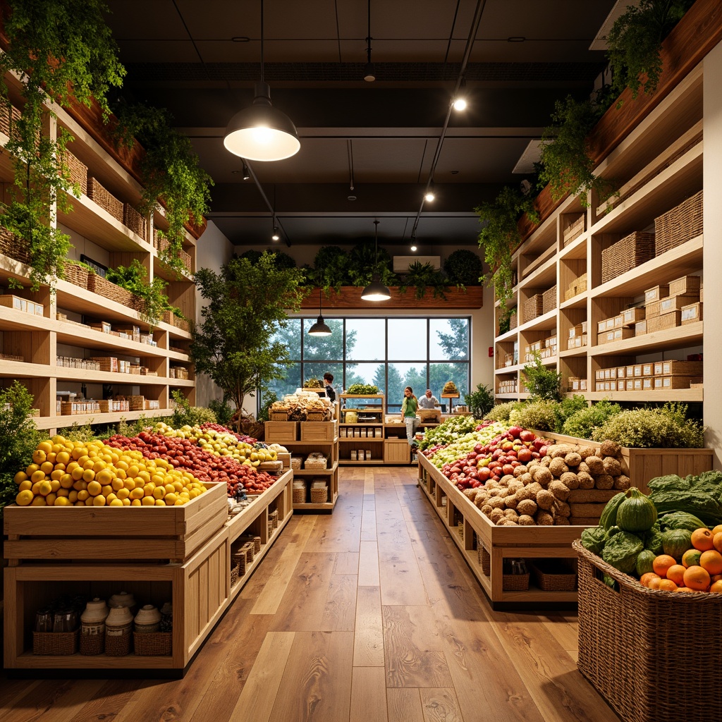 Prompt: Vibrant grocery store, warm earthy tones, natural wood accents, fresh greenery, abundant produce displays, colorful fruit arrangements, inviting bakery section, rustic wooden crates, woven wicker baskets, creamy white shelves, rich brown flooring, soft warm lighting, cozy atmosphere, 1/1 composition, intimate view, realistic textures, ambient occlusion.