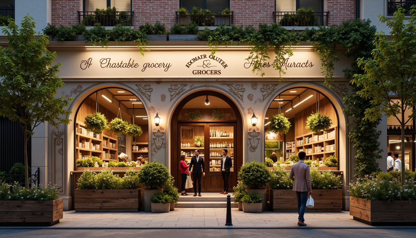 Prompt: Whimsical grocery store, ornate facade, distressed brick walls, vintage signage, floral patterns, soft warm lighting, pastel color scheme, curved lines, romantic archways, decorative ironwork, lush greenery, hanging flower baskets, wooden accents, rustic charm, cozy atmosphere, inviting entrance, warm beige tones, elegant chandeliers, classic typography, nostalgic feel, 1/2 composition, shallow depth of field, realistic textures, ambient occlusion.