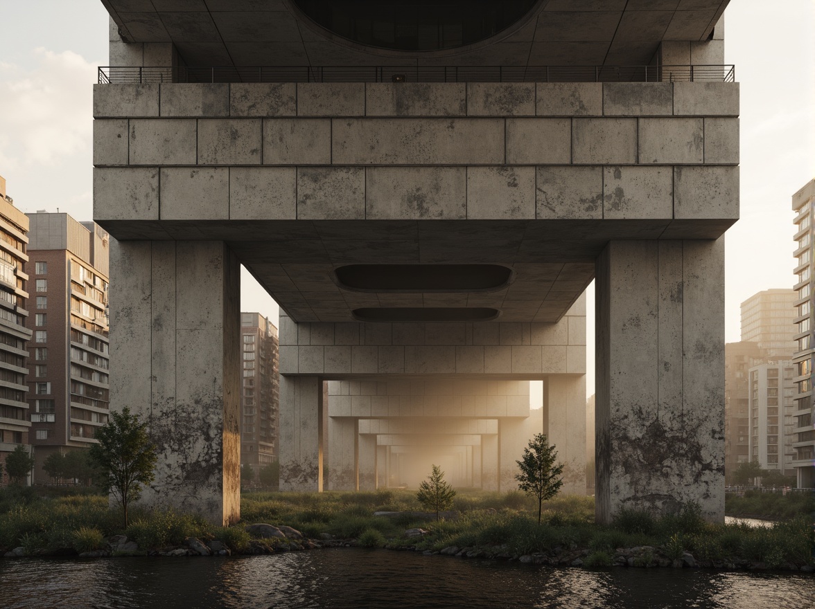 Prompt: Rugged brutalist bridge, raw concrete texture, angular forms, fortress-like structure, industrial aesthetic, exposed ductwork, functional simplicity, minimalist railings, weathered steel beams, urban cityscape, misty morning atmosphere, soft golden lighting, shallow depth of field, 2/3 composition, dramatic shadows, realistic reflections, ambient occlusion.