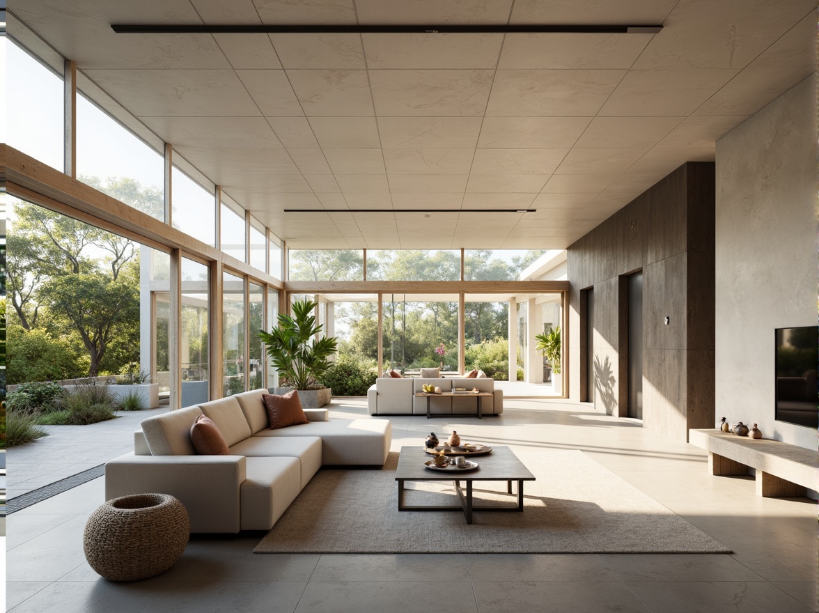 Prompt: Minimalist living room, neutral color palette, natural light pouring in, sleek low-profile furniture, polished concrete floors, industrial-chic metal accents, geometric-shaped decor, sparse greenery, floor-to-ceiling windows, sliding glass doors, open-plan layout, airy atmosphere, soft warm lighting, shallow depth of field, 3/4 composition, realistic textures, ambient occlusion.