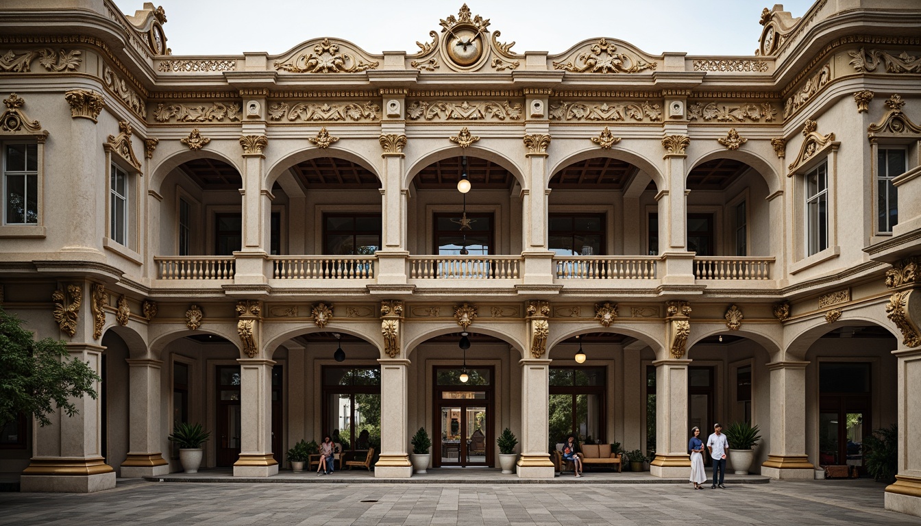 Prompt: Grandiose columns, intricately carved capitals, ornate moldings, gilded decorations, symmetrical facades, imposing entranceways, rusticated bases, scrolled volutes, floral patterns, acanthus leaves, egg-and-dart motifs, modillion cornices, pedimented roofs, arched windows, pilasters, ornamental friezes, sculptural reliefs, classical orders, Corinthian columns, Ionic capitals, Doric simplicity, subtle color palette, soft warm lighting, high-contrast shadows, detailed textures, ambient occlusion.