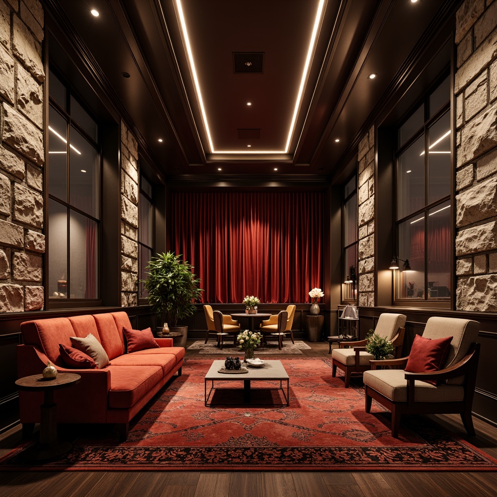 Prompt: Luxurious velvet fabrics, rich woodgrain textures, metallic accents, smooth glass surfaces, rugged stone walls, soft ambient lighting, dramatic shadows, bold color contrasts, intricate pattern overlays, ornate decorative details, opulent furnishings, lavish decor, warm atmospheric mood, cinematic composition, high-contrast ratio, sharp focus, realistic renderings.