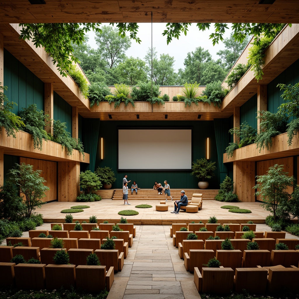 Prompt: Eco-friendly theater, lush green roof, living walls, rainwater harvesting system, natural ventilation, reclaimed wood accents, energy-efficient LED lighting, solar panels, green room, recycling facilities, composting toilets, bamboo flooring, low-carbon footprint, circular economy principles, minimalist decor, earthy color palette, organic textures, shallow depth of field, 1/1 composition, warm softbox lighting, subtle shadows, realistic materials.