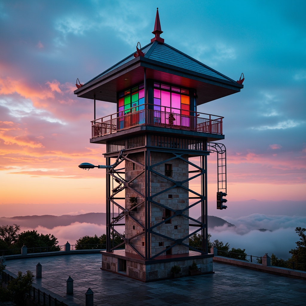 Prompt: Vibrant watching tower, bold contrasting colors, striking accents, gradient sky background, warm sunset hues, cool blue tones, harmonious color blocking, geometric patterns, intricate stonework, ornate metal details, grandiose architecture, dramatic lighting effects, misty atmosphere, soft focus, shallow depth of field, 1/2 composition, cinematic view, highly detailed textures, ambient occlusion.