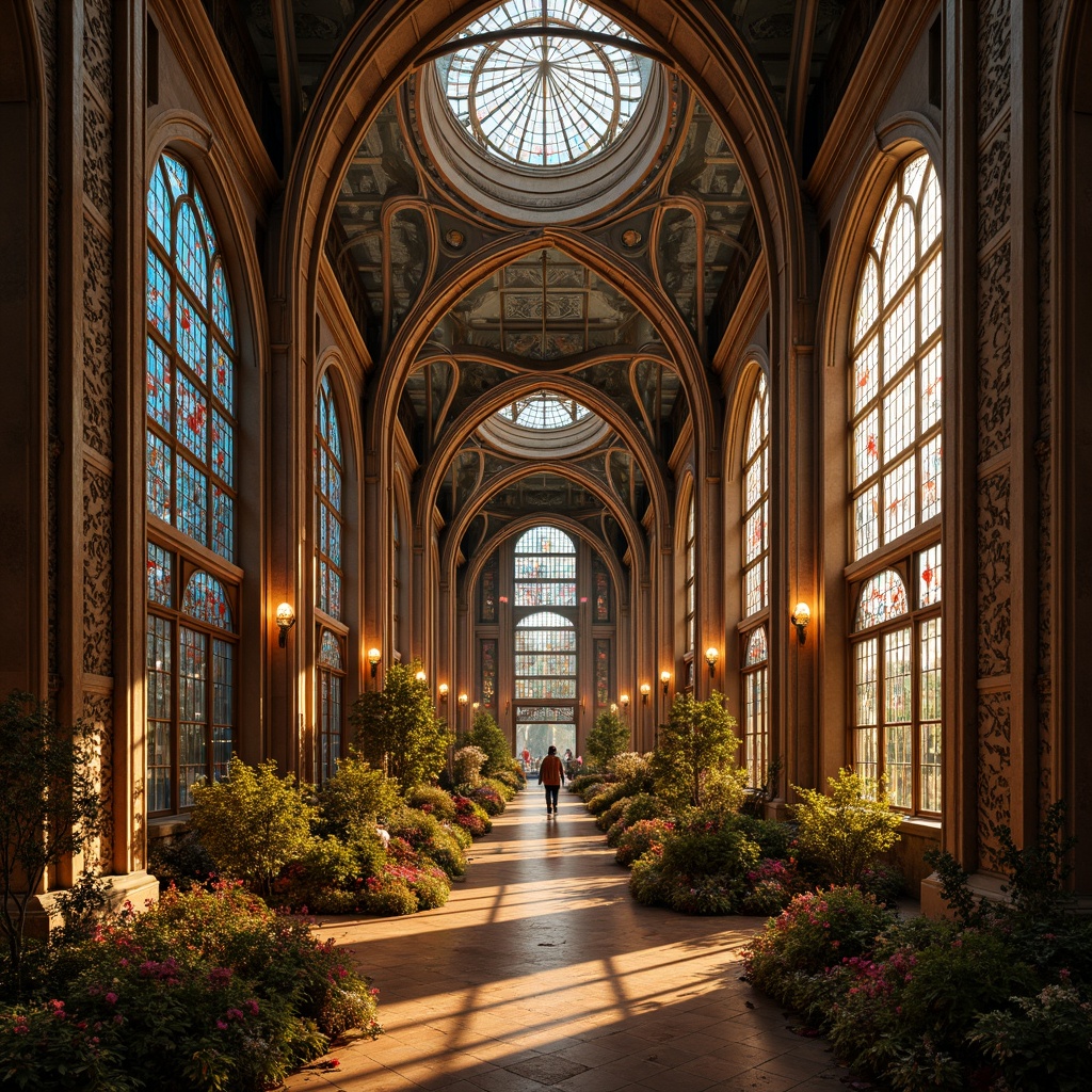 Prompt: Intricate ornaments, flowing curves, organic forms, stained glass windows, iridescent colors, shimmering lights, luxurious textures, ornate metalwork, botanical motifs, whiplash lines, sinuous shapes, elegant proportions, refined details, subtle gradations, dreamy ambiance, warm golden lighting, soft focus, atmospheric perspective, 1/1 composition, romanticized realism.