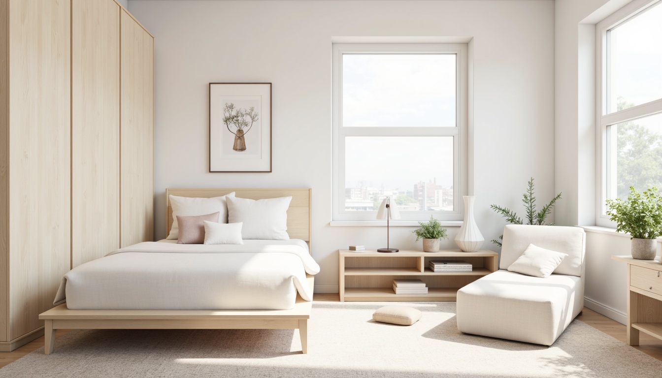 Prompt: Monochromatic dorm room, soft pastel hues, calming whites, creamy beiges, pale wood tones, minimalist furniture, low-profile bed frames, simple desk lamps, geometric patterns, subtle textures, natural light, soft shadows, 1/1 composition, shallow depth of field, realistic rendering, ambient occlusion.