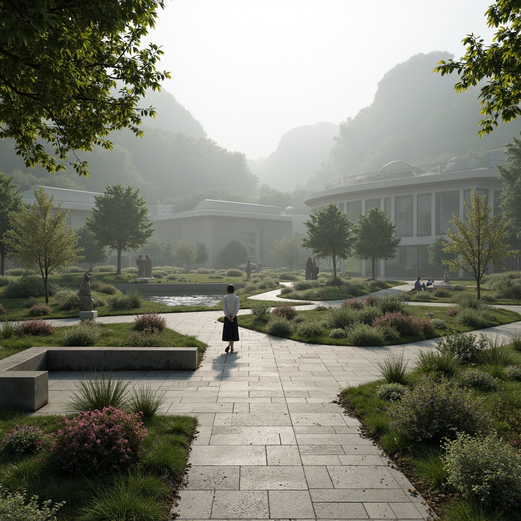 Prompt: Serenely landscaped memorial gardens, gentle slopes, meandering pathways, peaceful water features, natural stone benches, weathered steel sculptures, minimalist modern architecture, curved lines, solemn atmosphere, misty morning light, shallow depth of field, 1/2 composition, panoramic view, realistic textures, ambient occlusion.