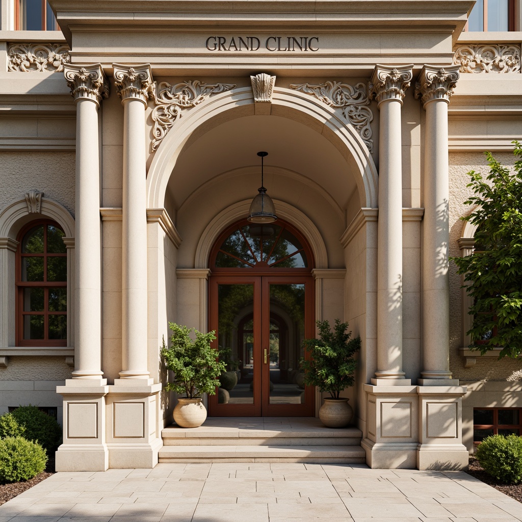 Prompt: Grand clinic entrance, ornate columns, carved stone facades, symmetrical composition, elegant archways, decorative cornices, rustic brick walls, classical pilasters, sophisticated molding details, warm beige color scheme, subtle texture variations, soft natural lighting, shallow depth of field, 1/1 composition, realistic materials, ambient occlusion.