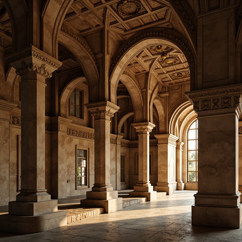 Prompt: Intricate stone carvings, ornate archways, robust columns, grandiose vaulted ceilings, richly textured walls, decorative friezes, ornamental capitals, carved foliage motifs, rustic stonework, earthy color palette, warm golden lighting, dramatic shadows, shallow depth of field, 1/2 composition, realistic textures, ambient occlusion.