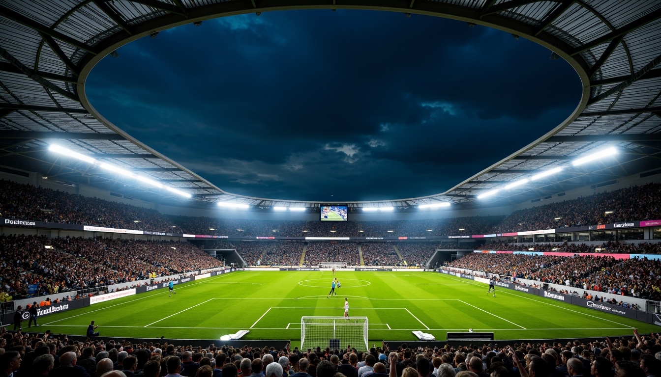 Prompt: Floodlit soccer stadium, vibrant green grass, towering bleachers, cheering crowds, electronic scoreboards, majestic arches, sleek modern architecture, gleaming steel beams, translucent roofing, dramatic nighttime ambiance, high-contrast lighting, warm white tones, 3/4 composition, low-angle shots, realistic textures, ambient occlusion.