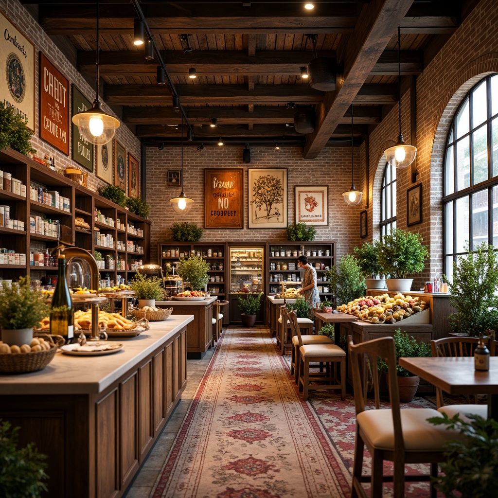 Prompt: Cozy grocery store interior, rustic wooden shelves, vintage decorative signs, soft warm lighting, distressed brick walls, antique display cases, elegant chandeliers, ornate metalwork, luxurious marble countertops, rich wood flooring, plush area rugs, intimate seating areas, flower arrangements, abundant greenery, warm beige color scheme, ornate mirrors, classic typography, charming decorative accents, inviting ambiance, shallow depth of field, 1/1 composition, realistic textures.