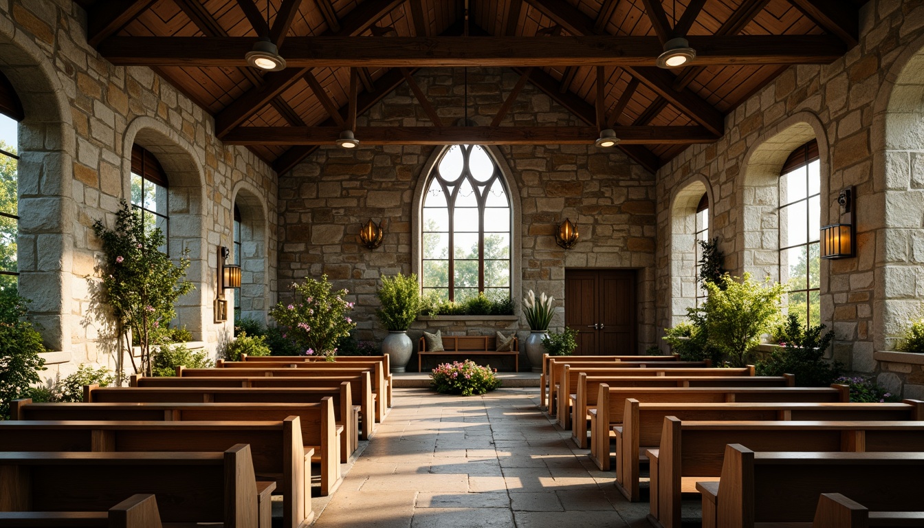 Prompt: Rustic suburban church, stone fa\u00e7ade, stained glass windows, wooden pews, vaulted ceilings, serene natural surroundings, lush greenery, blooming flowers, peaceful atmosphere, warm sunlight filtering through windows, soft shadows, 1/1 composition, intimate focal length, natural textures, ambient lighting, subtle color palette, earthy tones, traditional architecture, historic charm, community gathering space.