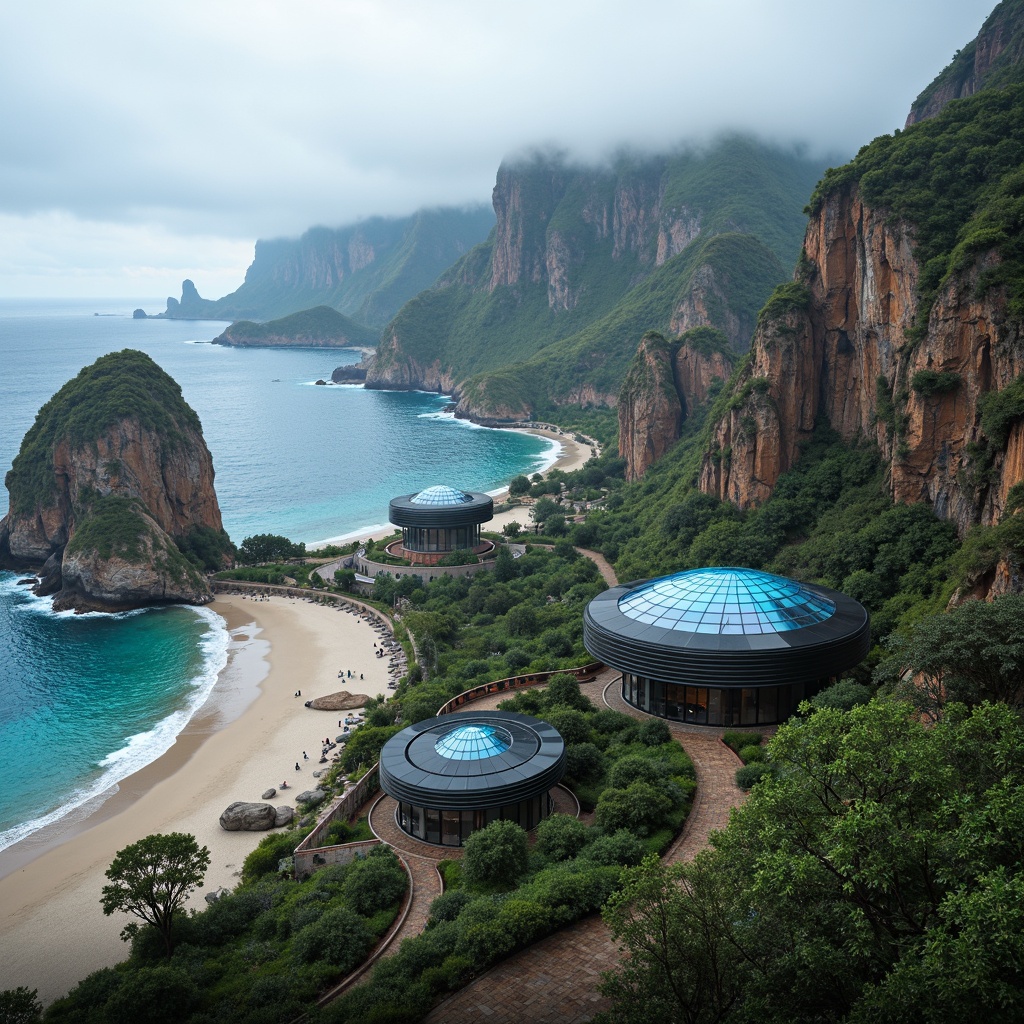 Prompt: Breathtaking ocean views, rugged coastlines, sandy beaches, majestic cliffs, dramatic rock formations, crashing waves, salty sea air, futuristic planetarium architecture, spherical domes, gleaming metallic surfaces, neon-lit observatory decks, celestial-inspired patterns, iridescent glass facades, undulating green roofs, native coastal vegetation, driftwood sculptures, weathered stone walls, soft misty lighting, atmospheric fog effects, 1/2 composition, cinematic camera angles, photorealistic textures, ambient sounds of seagulls and waves.