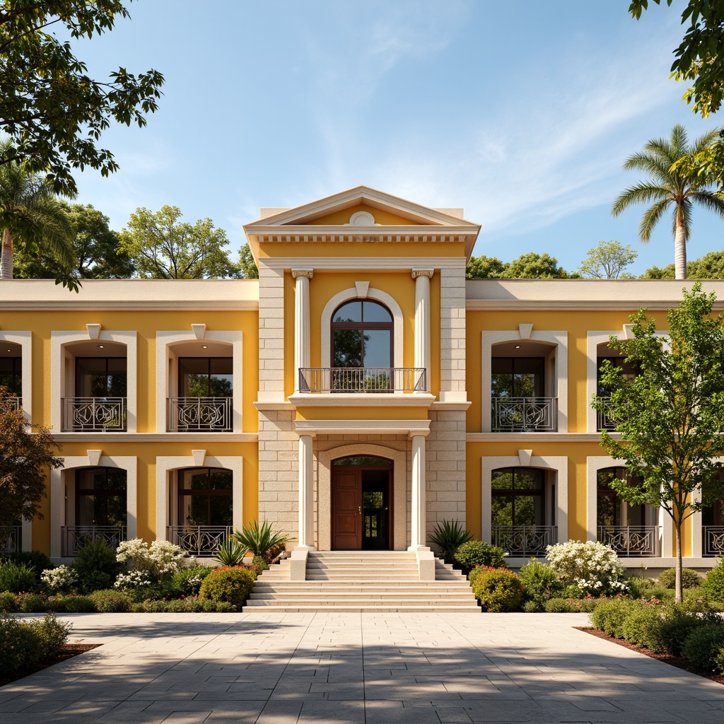 Prompt: Grandiose youth center facade, neoclassical columns, ornate cornices, symmetrical architecture, classical pediments, decorative friezes, rusticated stone walls, arched windows, balconies with intricate metalwork, grand entrance doors, vibrant yellow ochre color scheme, natural stone paving, lush greenery, blooming flowers, sunny day, soft warm lighting, shallow depth of field, 3/4 composition, panoramic view, realistic textures, ambient occlusion.