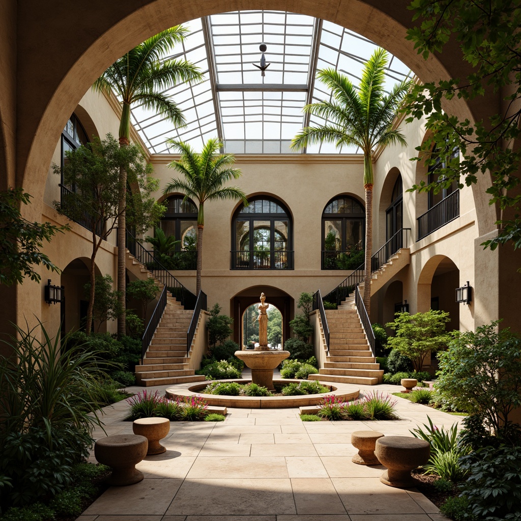 Prompt: Renaissance-style greenhouse, lush tropical plants, ornate stone fountains, grand staircases, classical statues, vibrant flower arrangements, intricate metalwork, rustic wooden benches, natural stone pathways, soft warm lighting, shallow depth of field, 1/1 composition, intimate close-up shots, realistic textures, ambient occlusion, serene atmosphere, Mediterranean-inspired courtyard, large glass windows, arched doorways, symmetrical architecture, elegant water features.