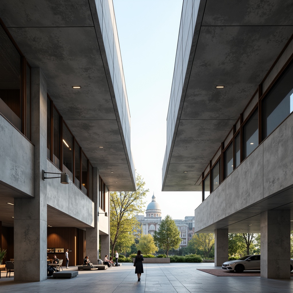 Prompt: Clean lines, minimal ornamentation, rectangular forms, cantilevered roofs, open floor plans, functional simplicity, industrial materials, exposed ductwork, concrete structures, steel frames, glass facades, sliding doors, minimalist decor, urban landscape, cityscape views, morning light, soft shadows, high contrast, deep depth of field, 1/2 composition, symmetrical balance, abstract textures, subtle color palette.