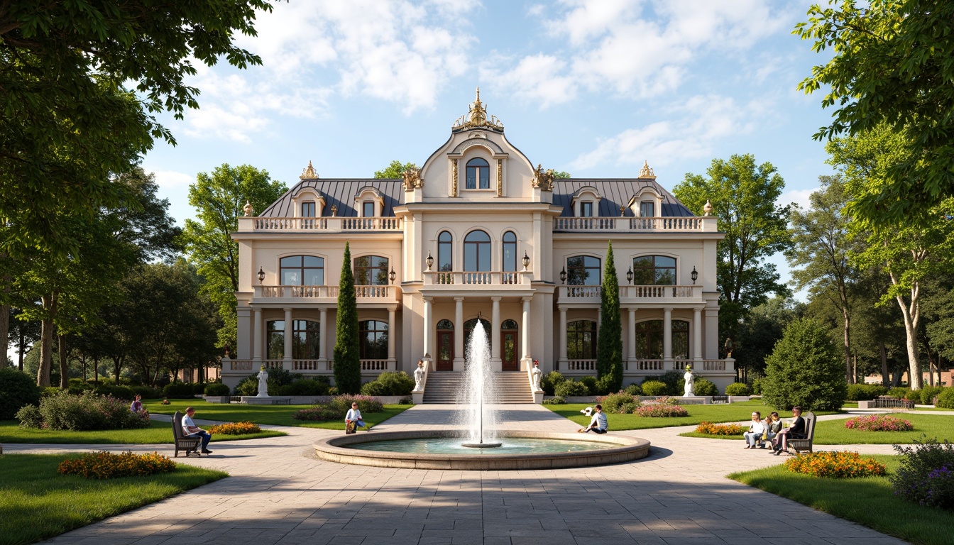 Prompt: Ornate school building, grand fountain, manicured lawn, topiary trees, walking paths, ornamental gardens, statues, benches, symmetrical layout, vibrant flowerbeds, decorative lampposts, intricate stone carvings, classical columns, arched windows, domed rooftops, golden accents, dramatic lighting, shallow depth of field, 1/2 composition, soft focus effect, realistic textures, ambient occlusion.