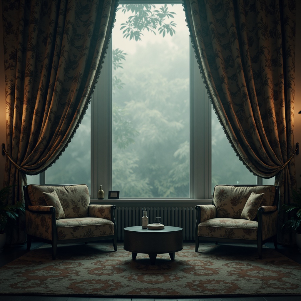 Prompt: 1 composition, moody atmospheric fog, soft focus blur, intricate floral patterns, sumptuous silk drapes, aristocratic furniture designs.